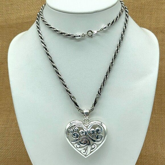 Puffy Heart Necklace Silver Tone Open Work Scroll Design Black Silver Rope Chain - Picture 2 of 8